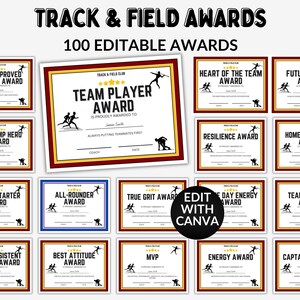 May include: A collection of track and field awards, including "Team Player Award," "Most Improved Athlete Award," and "High Jump Hero Award." The awards are in a rectangular format with a red and gold border, and feature silhouettes of athletes.