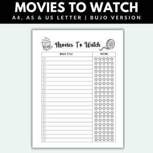 Movies To Watch Printable Bullet Journal Page PDF Movie Tracker BUJO Movie Watchlist Film Tracker Movie List Movie Journal Movie Planner