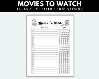 Film da guardare Pagina di Bullet Journal stampabile in PDF Tracker di film BUJO Elenco di film da guardare Tracker di film Elenco di film Diario di film Pianificatore di film
