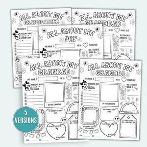 Könnte beinhalten: Fünf druckbare Schwarzweiß-Malvorlagen im Retro-Design. Jede Seite trägt den Titel "Alles über meinen..." und zeigt einen anderen Titel für einen Großelternteil: Großvater, Opa, Pop, Opa und Opa. Jede Seite bietet Platz zum Schreiben des Namens des Großelternteils, des Alters, des Lieblingsgetränks und fünf Gründe, warum die Person ihren Großelternteil liebt.