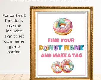 What's Your Donut Name? Party Game Sign & 30 Cards - Donut Theme Birthday Activity