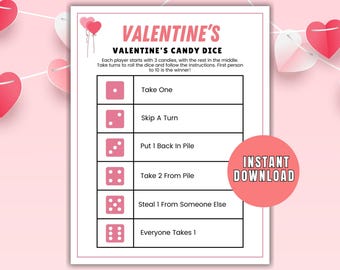Pode incluir: Um jogo de tabuleiro com tema de Dia dos Namorados com instruções de dados cor-de-rosa. O texto diz "Valentine's Candy Dice" e inclui instruções como "Take One" e "Skip A Turn". Um círculo rosa diz "Download instantâneo".