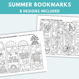 May include: Black and white printable bookmarks with summer themes.  The bookmarks feature images of palm trees, ice cream, pineapples, watermelon, seashells, and more.  The text on the bookmarks includes "Summer Reads", "Stay Cool", "Fun in the Sun", "I Love Summer", "Beach Days", "Dive into Summer Reading", and "Hello Summer".