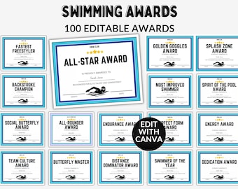 Editable Swimming Award Certificates Swim Team Award End of Season Awards Printable Swimming Awards Swimming Certificate Funny Team Awards