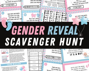 Gender Reveal Scavenger Hunt Printable Gender Reveal Clues Baby Gender Reveal Ideas Scavenger Hunt Cards Gender Reveal Party Baby Shower