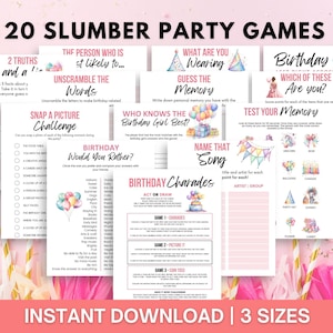 May include: A collection of printable slumber party games with a pink and white theme. The games include '2 Truths and a Lie', 'Unscramble the Words', and 'Birthday Charades'. The text 'Instant Download | 3 Sizes' is also visible.