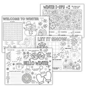 May include: A set of printable black and white winter-themed activity sheets for kids. The sheets include a word search, connect the dots, I spy, and a maze. The sheets are perfect for keeping kids entertained during the winter months.