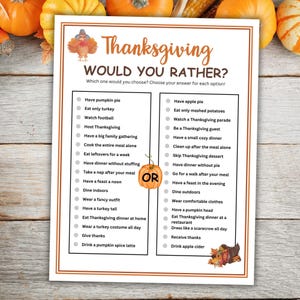 Peut inclure: Un jeu imprimable sur le thème de Thanksgiving avec le texte "Thanksgiving Would You Rather?" Le jeu présente une liste de 16 questions sur le thème de Thanksgiving avec deux options chacune. Les options sont présentées sous forme de liste avec un cercle à côté de chaque option. Le jeu est conçu pour être joué avec des amis et de la famille.