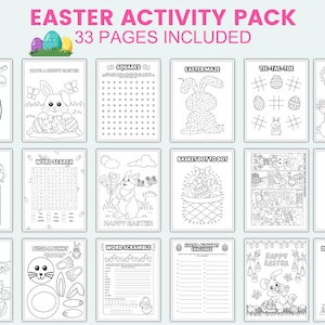 May include: A printable Easter activity pack with 33 pages of coloring, mazes, word searches, and other activities. The pack includes images of bunnies, chicks, eggs, and carrots.
