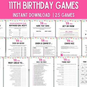 以下が含まれることがあります： ピンクと白をテーマにした、印刷可能な11歳の誕生日ゲームのコレクションです。「How Many Words?」、「Who Knows the Birthday Girl Best?」、「Name That Song」などのゲームが含まれています。「Instant Download | 25 Games」というテキストも表示されています。