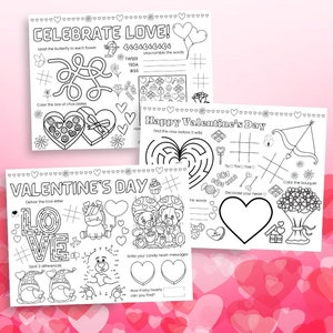 May include: Black and white printable Valentine's Day activity sheets for kids. The sheets include a maze, connect the dots, word search, tic-tac-toe, and other games. "Celebrate Love!" and "Happy Valentine's Day" are written at the top of the sheets.