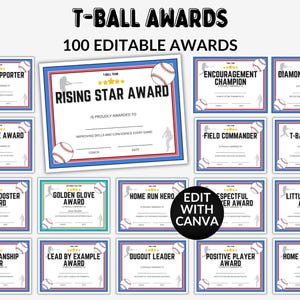 Op de afbeelding: Een verzameling van 100 bewerkbare T-Ball Awards. Elk certificaat heeft een blauwe en rode rand met een honkbalafbeelding. Awardtitels zijn onder meer "Rising Star Award", "Encouragement Champion" en "Home Run Hero". De tekst "Edit with Canva" is ook zichtbaar.