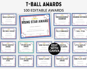 Bewerkbare T-ball Award-certificaten Tball Team Awards Einde seizoen Awards Tball Awards Tball-certificaten Funny Team Awards