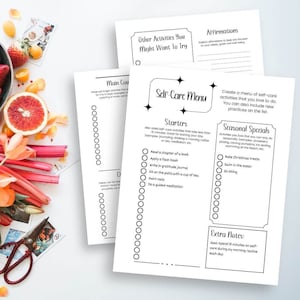 May include: A printable self-care menu with sections for starters, seasonal specials, and extra notes. The menu includes activities like reading a chapter of a book, applying a face mask, and writing in a gratitude journal.