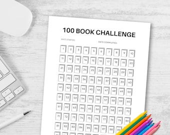 May include: A printable 100 book challenge checklist with a grid of 100 squares, each with a number from 1 to 100. The title "100 Book Challenge" is at the top of the page. There are spaces for the date started and date completed.