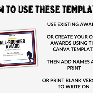 May include: A hockey-themed award certificate with a red and blue border. The certificate reads "All-Rounder Award" and includes space for a name, coach, and date. Instructions on how to use the template are also included.