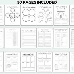 May include: A collection of 30-page planner templates with various layouts, including mind maps, brain dumps, and weekly planners. The pages are white with black text and illustrations. The text "30 PAGES INCLUDED" is at the top.