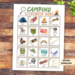 Camping Schnitzeljagd druckbar für Kinder Natur Schnitzeljagd Camping Spiele Camping Aktivitäten druckbare Schnitzeljagd Liste