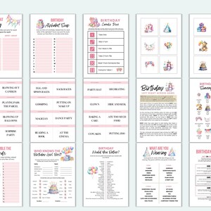May include: A collection of printable birthday party games, including "Name That Song," "Alphabet Soup," and "Scavenger Hunt." The games feature a pink and white color scheme with watercolor illustrations of balloons, cakes, and gifts.