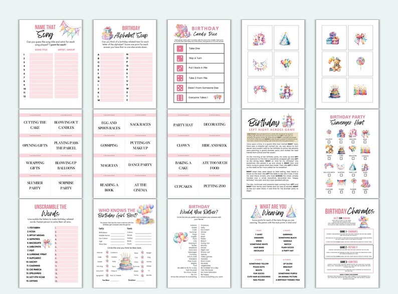 May include: A collection of printable birthday party games, including "Name That Song," "Alphabet Soup," and "Scavenger Hunt." The games feature a pink and white color scheme with watercolor illustrations of balloons, cakes, and gifts.