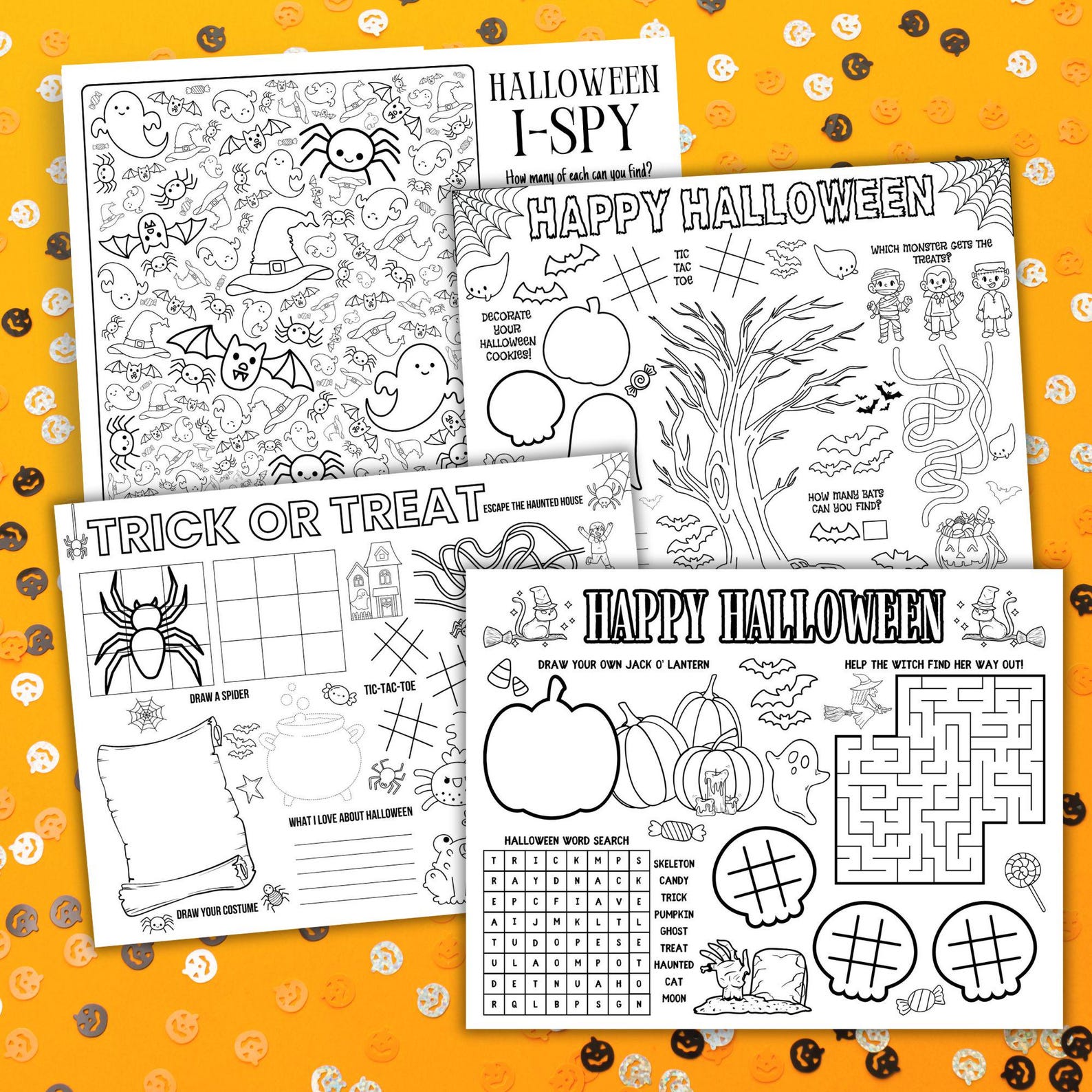 Halloween activity placemat previews including an I-spy page and mixed coloring games.