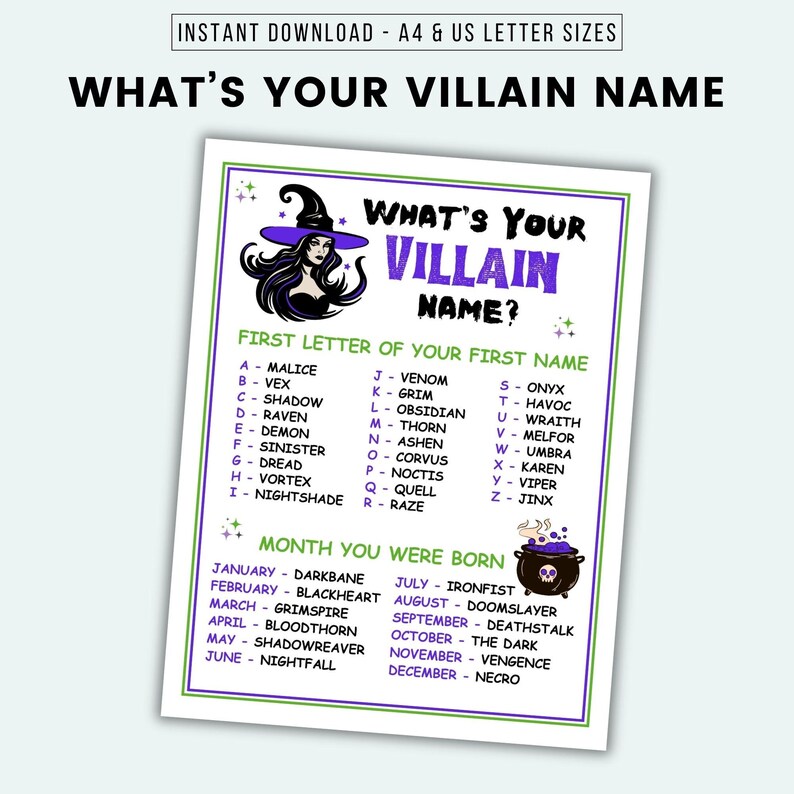 What's Your Villain Name Party Game Printable Halloween Game Villain Name Generator Halloween Party Game Halloween Activity Villain Party image 4