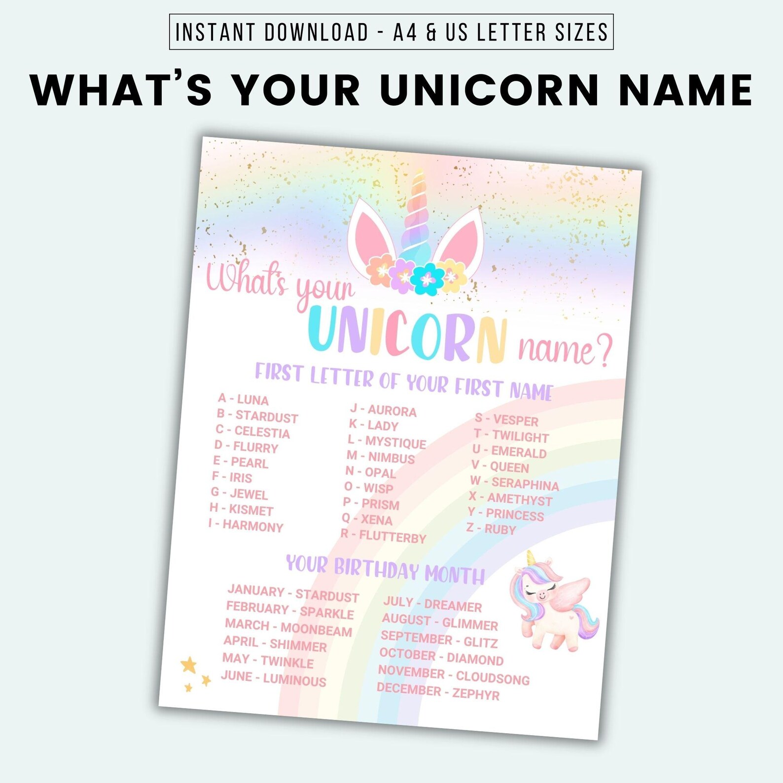 What's Your Unicorn Name Party Game Printable Unicorn Game Unicorn Name ...