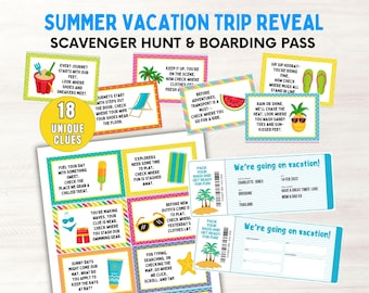 Surprise Trip Reveal Scavenger Hunt Editable Boarding Pass Treasure Hunt Clues Printable Vacation Reveal Summer Holiday Treasure Hunt Clues