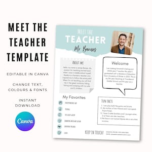 Plantilla Canva de Meet The Teacher, plantilla editable de Meet The Teacher, boletín escolar, carta de presentación del profesor, regreso a la escuela