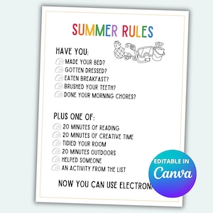 Zomerregels Schermtijdregels Afdrukbaar zomerschema Dagelijkse zomerroutine Zomerplanner voor kinderen Bewerkbare canvassjabloon