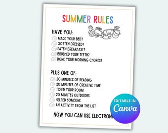 Summer Rules Screentime Rules Printable Summer Schedule Daily Summer Routine Summer Planner For Kids Editable Canva Template
