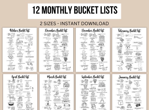 12 Monthly Bucket List Monthly To Do List Printable Planner Pages Seasonal Bucket List Summer Spring Winter Fall Christmas Bucket List