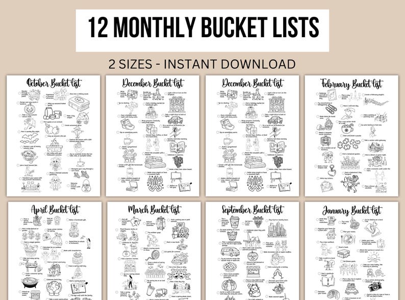 May include: A printable planner with 12 monthly bucket lists, each with illustrated activities. The text "12 MONTHLY BUCKET LISTS" is at the top, with "2 SIZES - INSTANT DOWNLOAD" below. Each month's list includes a variety of themed activities.