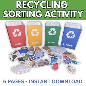 Könnte beinhalten: Eine Recycling-Sortieraktivität mit vier bunten Behältern, die mit "Metall", "Glas", "Papier" und "Plastik" beschriftet sind. Die Behälter sind von verschiedenen recycelbaren Gegenständen umgeben, darunter eine Zeitung, eine Dose, eine Flasche und eine Plastiktüte.
