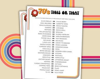 1970s This or That Game 1970s Party Games 70s Birthday Party Printable Party Games 70s Party Game 1970s Birthday Party Would You Rather Game