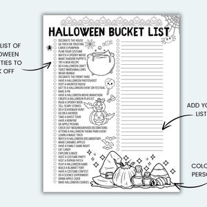 May include: A printable Halloween bucket list with a black and white illustration of a cauldron, pumpkins, bats, and a witch's hat. The list includes activities like decorating the house, going trick-or-treating, carving a pumpkin, and watching a spooky movie.