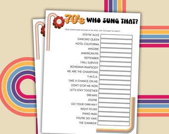 1970s Who Sung That Trivia Game 1970s Party Games 70s Birthday Party Printable Party Games 70s Party Game 1970s Birthday Party 70s Trivia