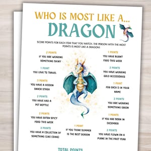 May include: A whimsical game sheet titled "Who is Most Like a Dragon?" features a teal and gold dragon illustration. The sheet includes a point system for matching various traits, such as wearing shiny items or having a hidden snack stash. The text is in teal and gold.