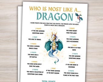May include: A white game sheet titled Who Is Most Like A Dragon with a central watercolor illustration of a blue and green dragon. The text lists various point-based criteria for players to score, such as wearing shiny items or loving travel.