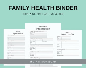 Family Health Care Planner | Medical Planner Notes | Basic Medical Binder | Emergency Contact Info | Instant Download