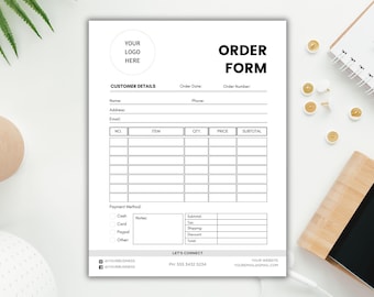 May include: A black and white order form with the title "ORDER FORM" at the top. The form includes sections for customer details, order information, item details, payment method, and notes.