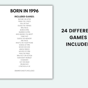 May include: A white sheet of paper with the text "BORN IN 1996" and a list of 24 included games. The text "24 DIFFERENT GAMES INCLUDED" is also displayed.