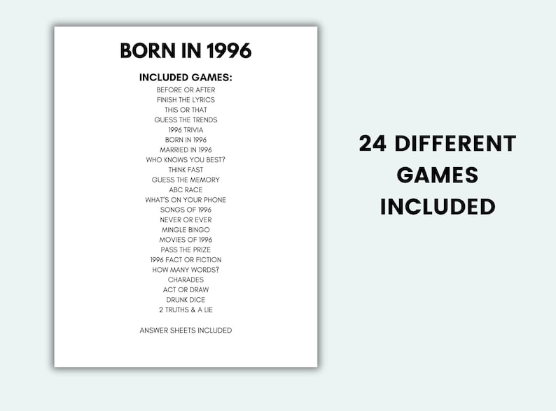 May include: A white sheet of paper with the text "BORN IN 1996" and a list of 24 included games. The text "24 DIFFERENT GAMES INCLUDED" is also displayed.