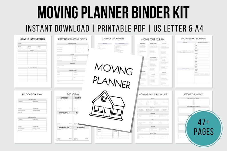 May include: A printable moving planner binder kit with 47+ pages. The kit includes checklists for moving instructions, company notes, change of address, move out clean, moving day planner, relocation plan, box labels, moving day survival kit, and before the move.