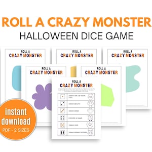 Halloween Roll A Monster Game, Printable Halloween Game For Kids, Halloween Monster Roll The Dice Game, Halloween Party Game