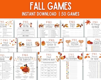May include: A collection of printable fall games with an orange header that reads "FALL GAMES." The games include trivia, drawing, and "Would You Rather" prompts, with autumn-themed graphics and text.