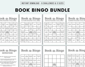 May include: A printable book bingo bundle with six different bingo cards for spring, summer, autumn, winter, and two blank cards. The cards feature a variety of reading challenges, such as "a book with a character that you would be friends with" and "a book that was released in the same year you were born".