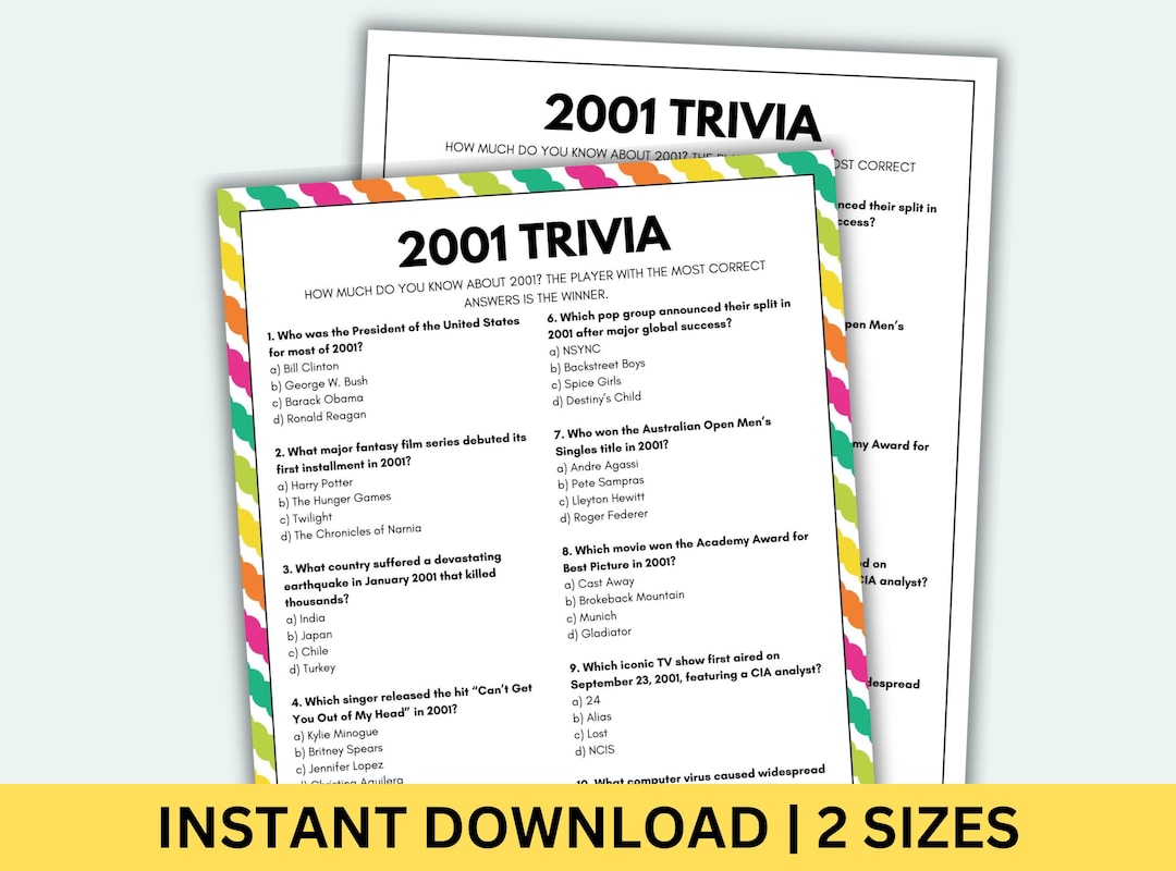 2001 Trivia Game Printable 25th Birthday Games Born in 2001 Game ...