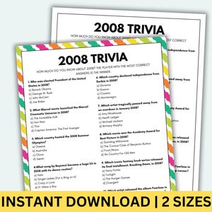 May include: Two trivia game sheets titled "2008 Trivia" with colorful borders. The sheets feature questions about events from 2008, including the President, movies, and music. The text "Instant Download | 2 Sizes" is at the bottom.