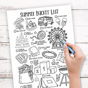May include: Black and white summer bucket list with illustrations of summer activities, including a picnic, beach day, road trip, and more. A hand with a blue crayon is marking an item on the list.